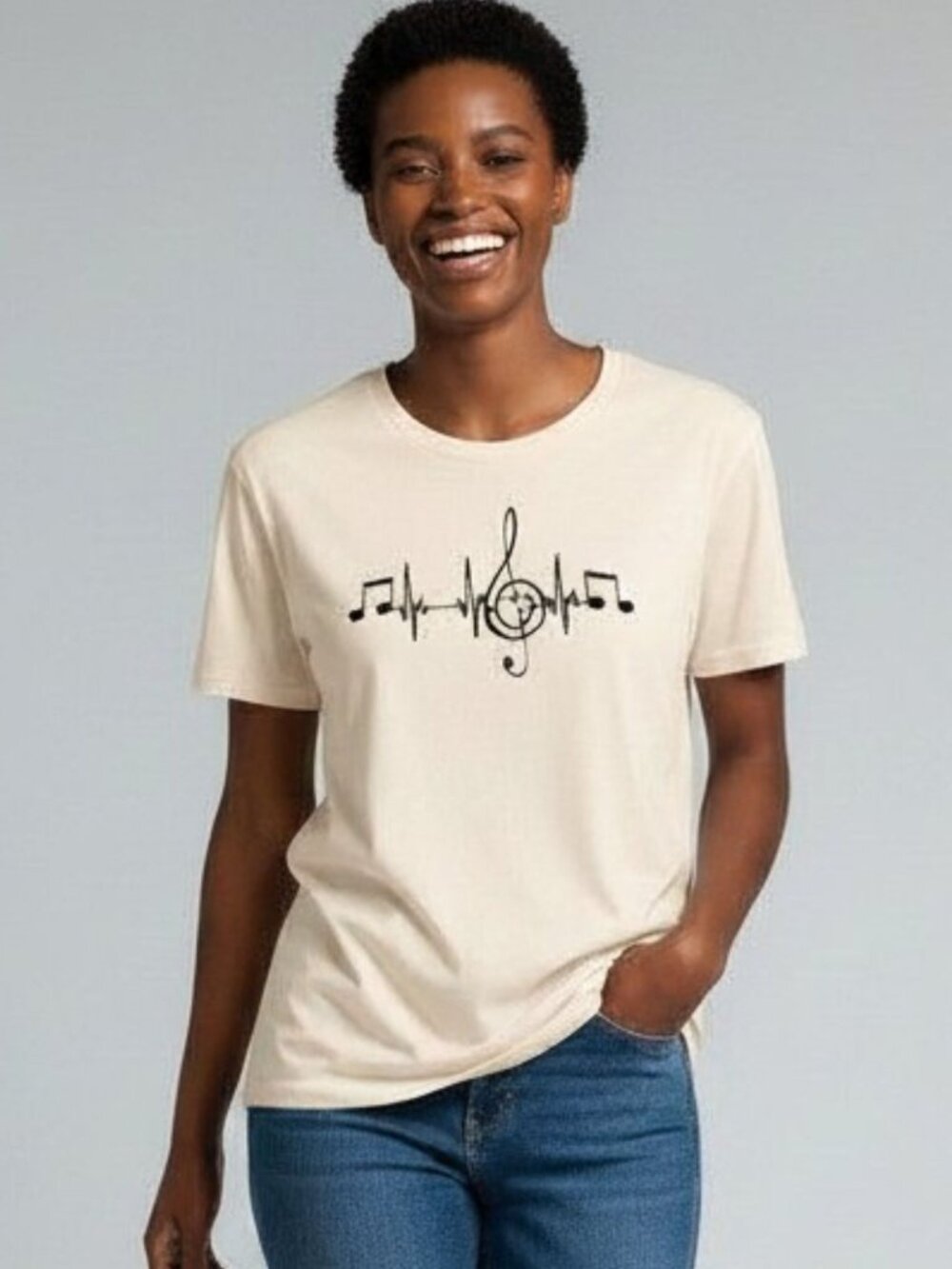 Music Heartbeat Tee Womens M Cream Treble Clef Music Lover Shirt